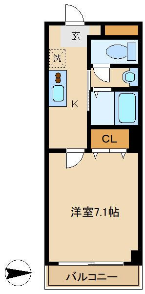 第66シンエイビルの間取り|洋室7.1帖の1Kバストイレ別独立洗面台！　