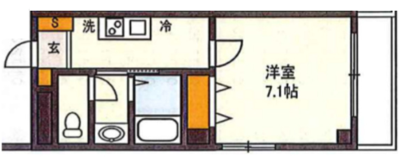 第66シンエイビルの間取り|東向きバルコニーの1K洋室7.1帖バストイレ別独立洗面台！　
洗面所とトイレ独立！