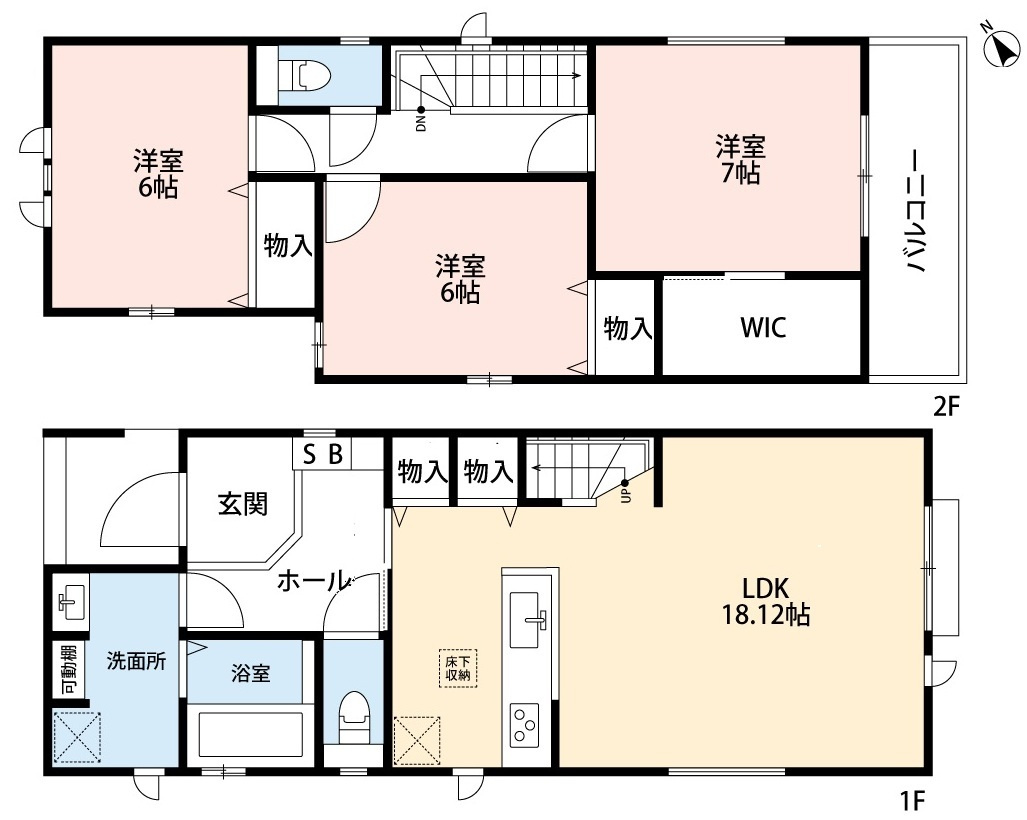 小牧市大字間々原新田　新築戸建の間取り|リビング階段のLDK18.12帖。キッチンに収納あり。
ウォークインクローゼットあり。