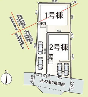 【区画図】 | 平塚市纒1丁目  1号棟 第22 | 1号棟　旗竿地（間口約3.6ｍ）　南側約4.0ｍ公道　駐車2台（車種によります）　敷地面積43.1坪（路地状部分敷地含む）　※用途境