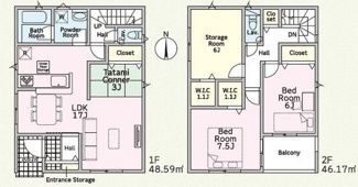 【間取り】 | 平塚市纒1丁目  2号棟 第22 | 2LDK+1S（洋室仕様）　防犯カメラ（利用時WiFi接続必要）　引き違い窓シャッター付　ピッキング対策付玄関ドア　インナーバルコニー　WIC2箇所　LDK20帖（タタミコーナー含む）　各部屋6帖以上