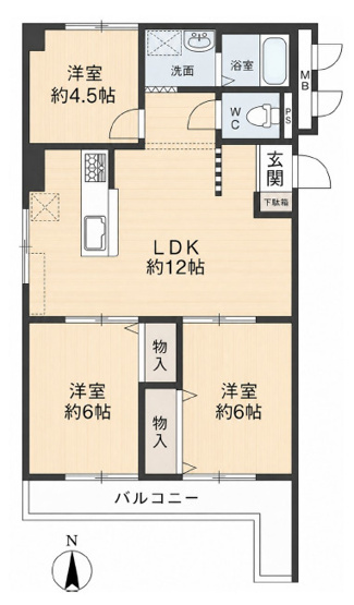 【間取り】 | PSライフ | 三方角住戸☆全洋室3LDK♪2019年3月：室内リフォーム履歴あり☆リビングを中心に各居室へ♪対面式のシステムキッチン☆カップボード付き♪TVモニターホン完備☆バルコニー南向きです☆