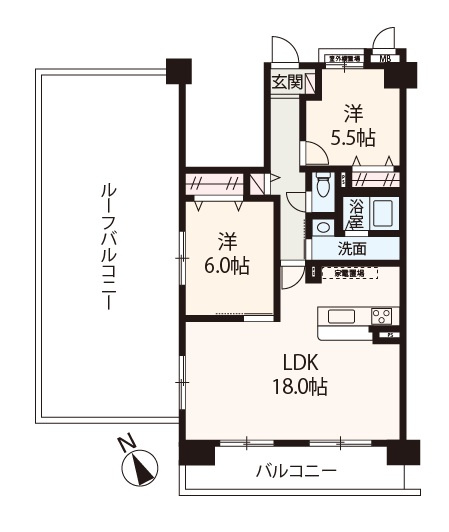 【間取り】 | アンビエント千里山 | 最上階の角部屋につき、陽当り・眺望良好！広々ルーフバルコニー付き、2LDKリフォーム物件。