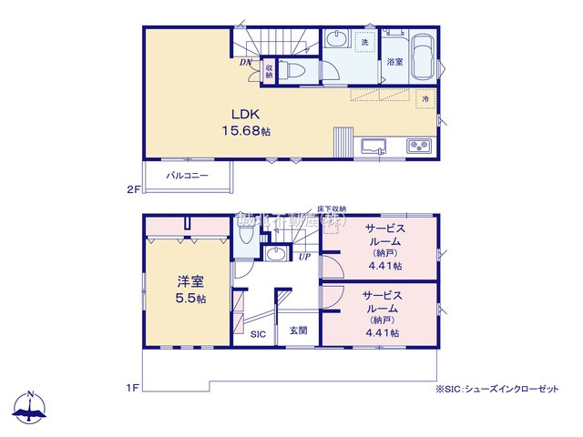 練馬区石神井台1丁目 全3棟 A号棟の間取り|建物面積72.90㎡ 2階建て3LDK(納戸表記を含む)
2階にLDK+水廻りを配した家事動線の良い間取りです
