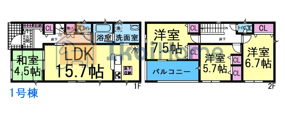 明石市二見町西二見　全7棟　1号棟　新築戸建の間取り|住宅性能評価取得の安心住宅！4LDK！広々バルコニーは魅力的！各部屋収納完備！