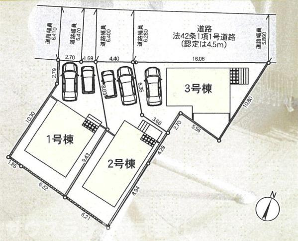 八王子市横川町の新築一戸建の区画図|カースペース２台分、前面道路も広く駐車しやすい物件です。