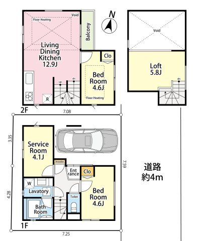 練馬区春日町2丁目　ZEH水準省エネ新築戸建の間取り|2LDK+S+ロフト+ビルトイン車庫　敷地面積 54.71ｍ2　建物面積 65.39ｍ2(車庫部分 4.95ｍ2含む)
