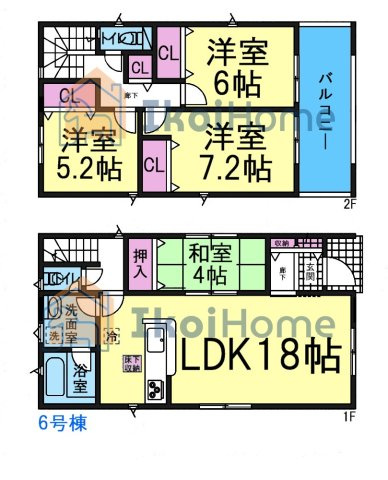 明石市二見町西二見　全7棟　6号棟　新築戸建の間取り|●年中無休：当日予約可●LDK18帖で広々しております！2階ワイドなインナーバルコニーあり！