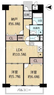 ライオンズマンション高槻の間取り|専有面積：６６.１６㎡の２SLDKです。
