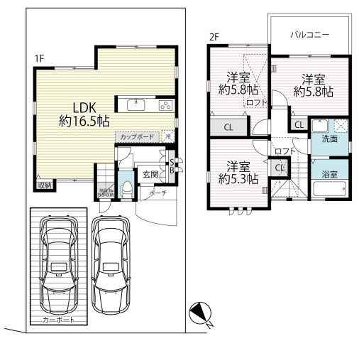 ◆リフォーム済み◆ロフト付き３LDK◆並列２台駐車可◆オール電化◆八幡市八幡山田の間取り