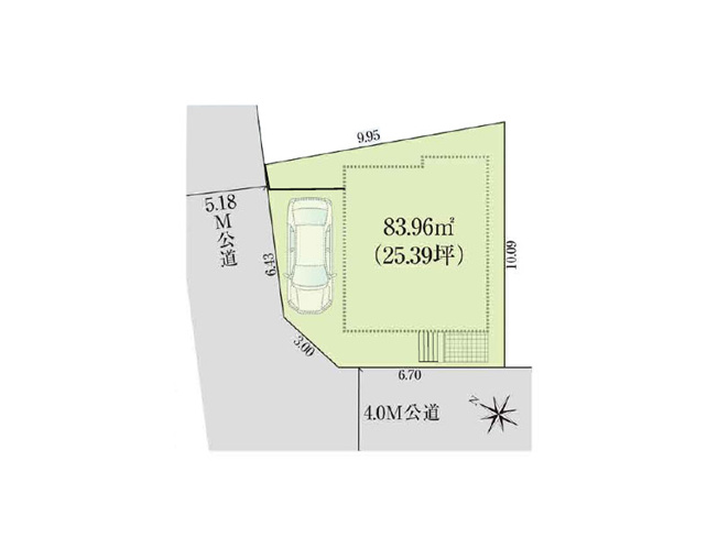 【土地図】 | 新座市片山3丁目　建築条件付売地　全1区画　(保谷店) | 南西側4ｍ公道×北西側5.1ｍ公道に面した角地。※図面を基に作成しています。現況と異なる場合は現況を優先いたします。