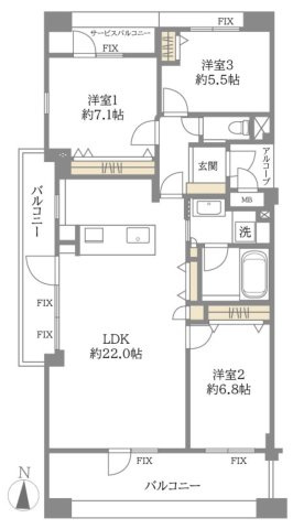 プレステ１５番館鶴見緑地の間取り|中古マンション　3LDK　専有面積：88.32㎡（壁芯）　バルコニー面積：22.44㎡　南向き