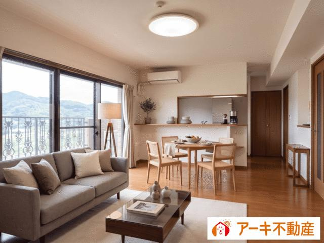 岡山市中区兼基の中古マンションの居間・リビング|ＡＩにより家具・装飾品を設置…