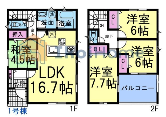 明石市大久保町江井島第4　1号棟　新築戸建の間取り|●年中無休：当日予約可●南向きLDK16.7帖！2階6帖以上3部屋あります！インナーバルコニー！