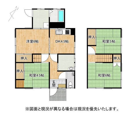 近江八幡市馬淵町　中古戸建ての間取り|◆4DKの間取り図。
◆1階は洋室6帖・和室4.5帖・DK4.5帖、2階は和室6帖・和室5帖。
◆全居室に収納があり、家族それぞれの部屋をつくりやすい構成です。