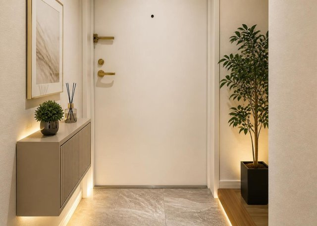 【玄関】 | ライオンズマンション東林間第３ | 玄関部分は土間塩ビタイル施工リフォームを予定しており清潔感のある足元になります。シューズインクロークが備わっているため、ご家族全員の靴類や傘などをスッキリ収納して玄関をいつでも美しく保てます。