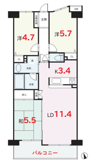 【間取り】 | ベルシャトゥ武蔵藤沢 | 3LDK／専有面積:64.89ｍ2／バルコニー面積:7.68ｍ2