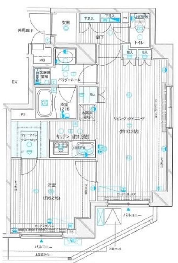 メインステージ西蒲田の間取り|東向きバルコニー高層階角部屋　45平米超えの余裕ある1LDK