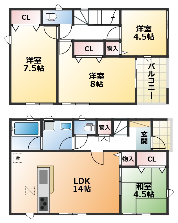 CRADLEGARDEN宇都宮市上戸祭町第6の間取り|全室南向きで陽当たりの良い間取りです