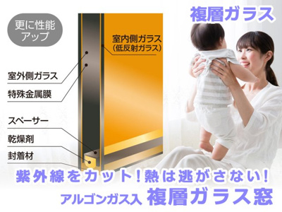【その他】 | ◆遮熱高断熱(Low-E)複層ガラスは、特殊金属膜効果で室内の明るさはそのままに夏の強い紫外線をカットし冷暖房効果を高めます。冬は断熱効果で室内の温められた熱を逃がさず、省エネ効果もアップします。