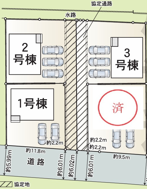 クレイドルガーデン高松市香西本町第１◇光熱費の負担の軽減が可能なオール電化住宅ですの区画図|全体区画図
各棟、駐車場スペースは３台以上のゆったりとした区画で広い敷地にゆったりとした配置で住宅が建てられ、日照や通風にも十分に配慮されています。