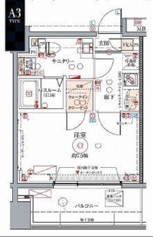 クレヴィスタ蒲田Ⅱの間取り|1K洋室7.5帖バストイレ別独立洗面台