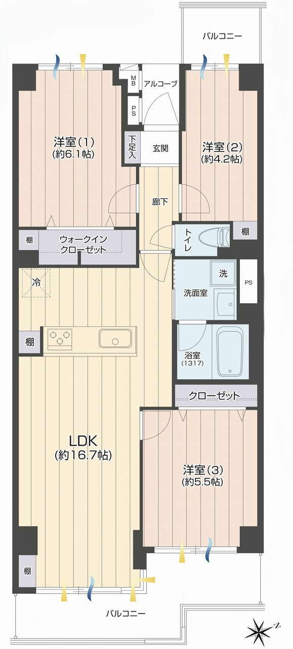 ガーデンプラザ柴又弐番館の間取り|専有面積68.43㎡、バルコニー面積10.82㎡の3LDK+WICレイアウトです。全居室収納付きで生活動線にも優れ、ご家族で快適にお過ごしいただけるゆとりある間取り設計です。