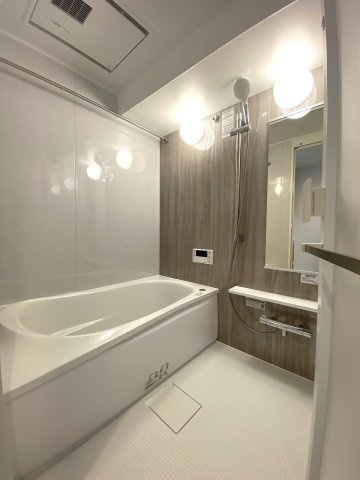 ガーデンプラザ柴又弐番館の独立洗面台|LED三面鏡と便利なシャワー水栓を備えた洗面化粧台へ新規交換いたしました。鏡裏や下部に豊富な収納スペースが確保されており、朝の身支度や洗顔も快適に行っていただけます。