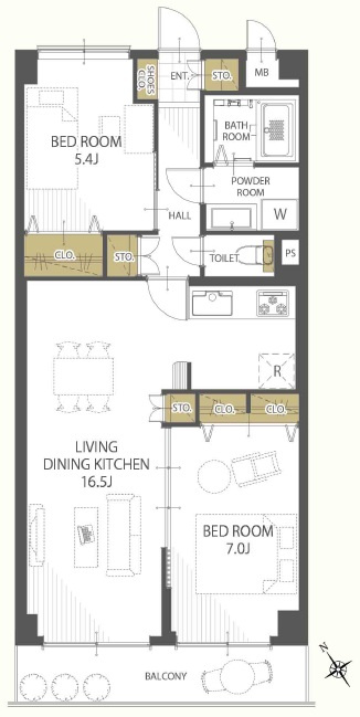 エンゼルハイム浦和中尾の間取り|16.5帖の広々としたLDKを中心に、7帖・5.4帖の2居室を確保したゆとりある間取り。各室収納も充実し、家族で快適に暮らせる機能性の高さが魅力です。