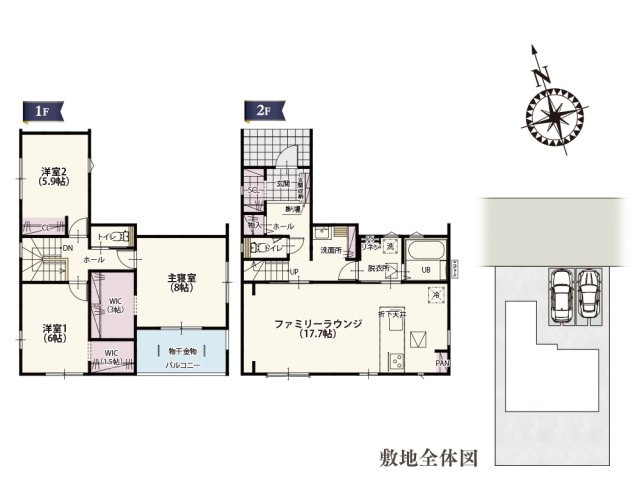 【間取り】 | 南側一面にリビングを配置した自然光が入りやすい家。リビングは北側道路に直接面していないためプライバシーを守り安心してお過ごしいただけます。全居室2面採光で明るく風通しのいいプランです。