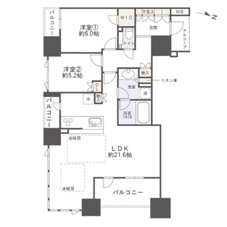 【間取り】 | ウエリスタワー京町堀 | 【間取り】18階・南東角住戸につき、眺望・風通し良好！