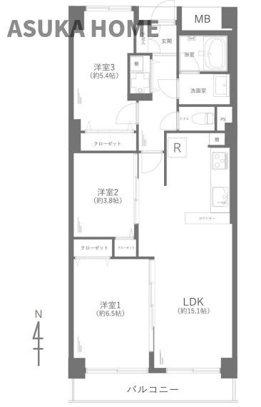グリーンコーポ東戸塚A棟の間取り|南向き・2階部分の陽の明るいお部屋は、専有面積68㎡超えの使い勝手の良い3LDKの間取りです。