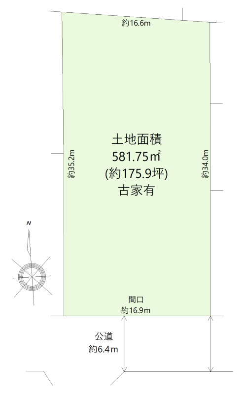 日進市藤塚一丁目土地の土地図|土地面積581.75㎡(175.9坪)　間口約16.9ｍ