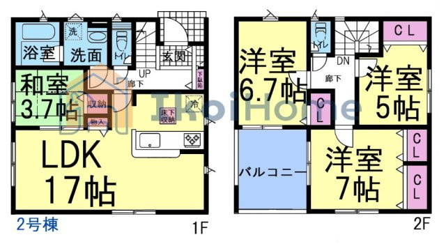 明石市大久保町江井島第4　2号棟　新築戸建の間取り|●年中無休：当日予約可●南向きLDK17帖！2階6帖以上3部屋あります！インナーバルコニー！