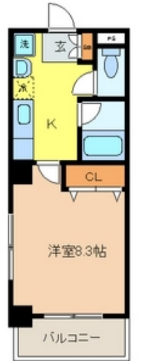 カーサベルデスⅡの間取り|南向きバルコニー南西角部屋洋室8.3帖の1Kバストイレ別独立洗面台！