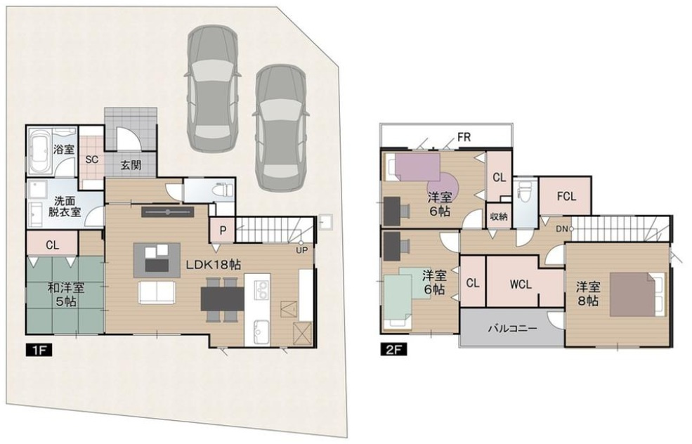 土佐市蓮池　新築戸建　2号棟　（全2区画）の間取り|4LDK+WCL+FCL+SC+P　建物面積112.61㎡（約34.06坪）
１階　59.20㎡／2階　53.41㎡　　