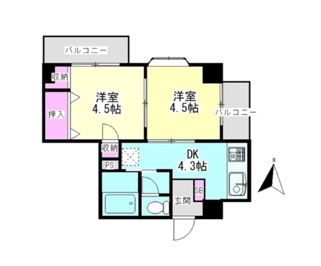 椎橋ハイツの間取り|北向きと東向きの2面バルコニー北東角部屋2面採光2DK