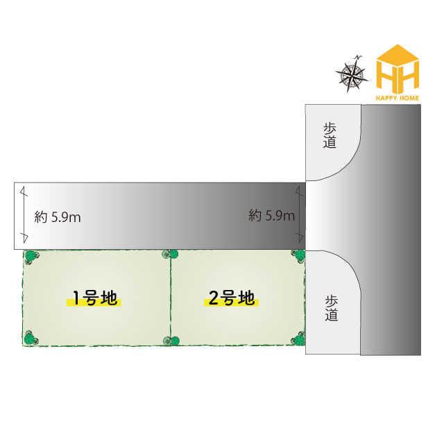 伊丹市野間1丁目新築一戸建て│4LDK+駐車1台の区画図|伊丹市野間1丁目に全2区画で誕生。間口10ｍ以上を確保した、ゆとりある区画計画です。住まいの配置や駐車スペースなど、現地とあわせてぜひご確認ください。