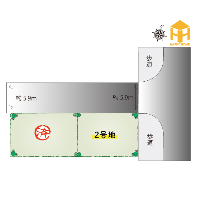 伊丹市野間1丁目新築一戸建て│4LDK+駐車1台の区画図|伊丹市野間1丁目に全2区画で誕生。間口10ｍ以上を確保した、ゆとりある区画計画です。住まいの配置や駐車スペースなど、現地とあわせてぜひご確認ください。