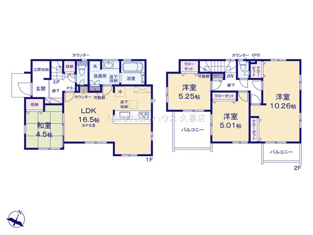 幸手市緑台１丁目６期　新築一戸建て　03の間取り|家事効率の上がる水回り集中設計で家事の負担を軽減します♪