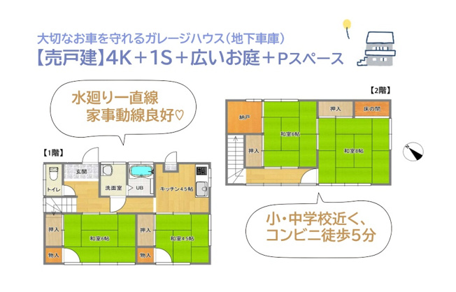 【間取り】 | 通行人の視線を気にすることなく、充実した余暇が過ごせる高台立地！　
土地51坪超えの広い庭付き一戸建て！
家族を身近にお仕事効率上がる「書斎」
全室にはキレイな住空間広がる収納を完備しました♪
