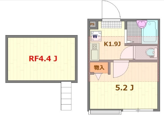 ミレハウスの間取り|最上階西向き洋室5.2帖+ロフト4.4帖の1Kバストイレ別！