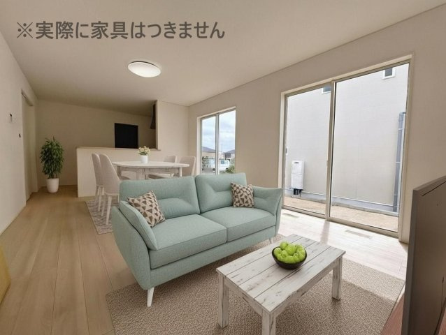 新築戸建・新築建売　西郷村小田倉第36　熊倉小・西郷第一中の居間・リビング|画像はバーチャルホームステージングの加工による演出で、実際の家具は付きません。
