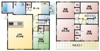 【間取り】 | 加古川市東神吉町西井ノ口　中古戸建 | 1980万円、5LDK、土地面積263.05平米、建物面積107平米 ◇陽当り通風良好の戸建て♪
◇環境と家計に優しいオール電化住宅です♪