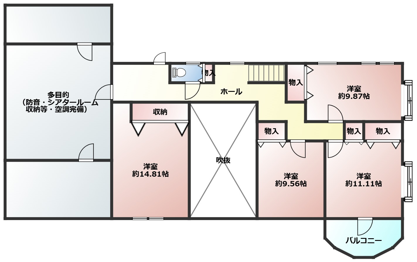 高崎市高浜町　中古戸建 【高台から夜景を望むリゾート邸宅】の間取り|吹抜を中心に各居室を配置した開放感ある2階設計。
主寝室は約14.8帖の広さを確保し、防音・シアター