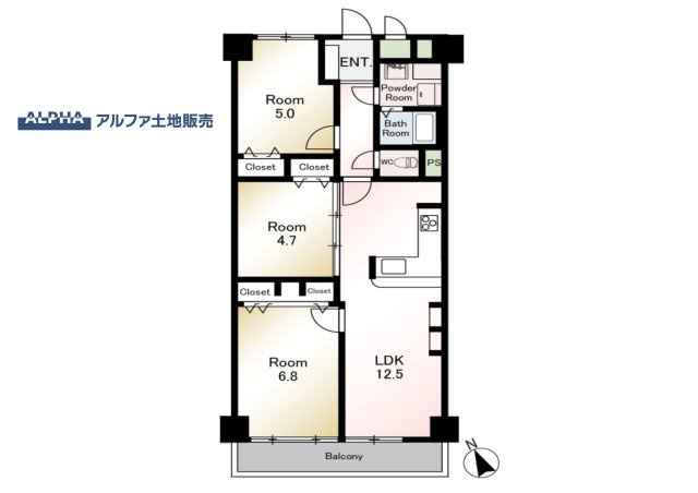 シャルマンコーポ拝島の間取り|◆間取り◆約12.5帖のLDKと3つの洋室を備えた3LDK。各居室に収納を設け、家族それぞれの個室を確保しやすい間取りです。