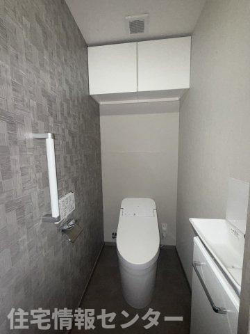 サンパーク新山口駅南グラッセのトイレ|タンクレストイレを採用。収納・手洗い器付き。