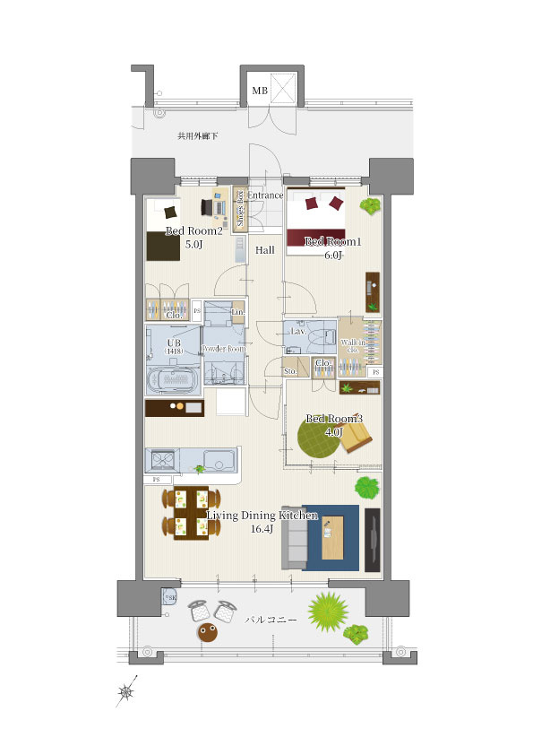 サンパーク新山口駅南グラッセの間取り|南向き、16.4帖のリビングにはセンターオープンサッシが採用され、明るい光が差し込みます。廊下収納、ウォークインクローゼットもついており、収納も充実しています。