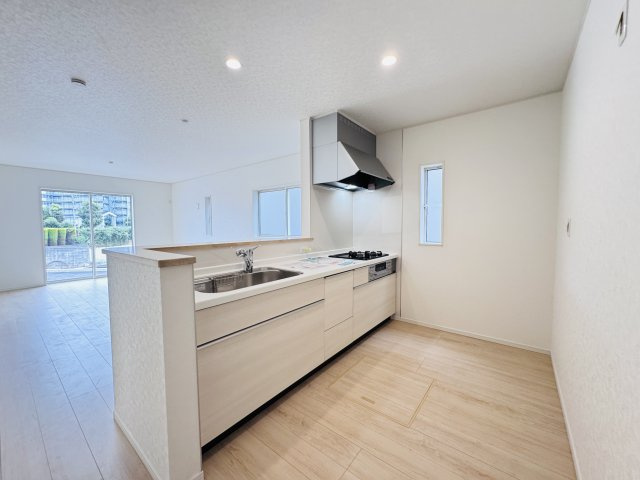 松戸市六実５丁目新築戸建（六実第12）のキッチン|広々システムキッチン・シンクの水栓には浄水器がついてます！