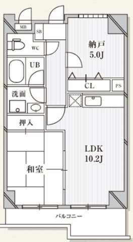 蓮沼パークハイツの間取り|南向きバルコニーの2LDK